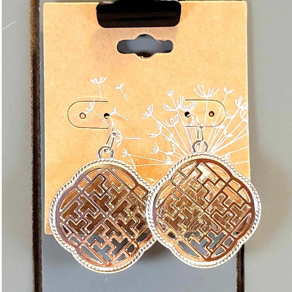 Silver Tone Dangle Earrings Geometric Asian Style Cutout Design 1.1" w/ Gift Bag